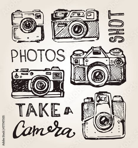 Hand drawn vector retrocamera. Take a good shot! photo