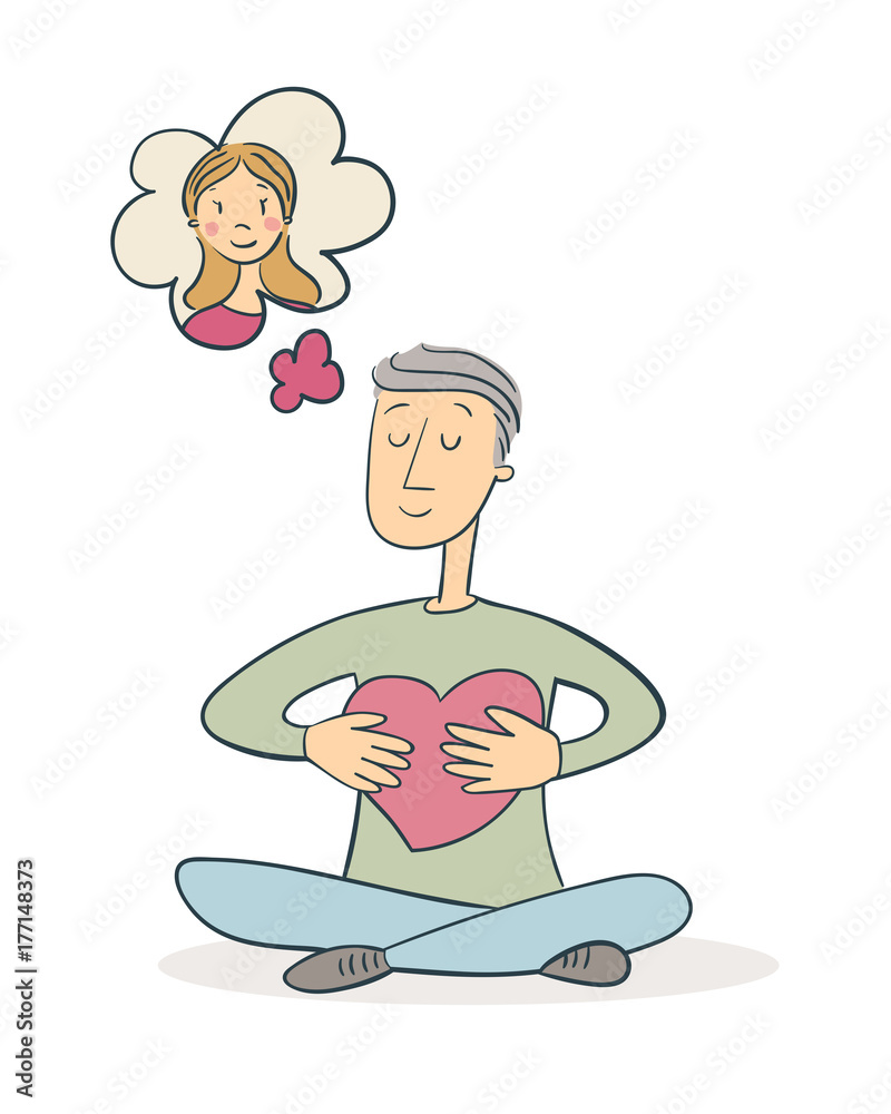 Man hugging heart and thinking about woman Man hugging heart and thinking about woman