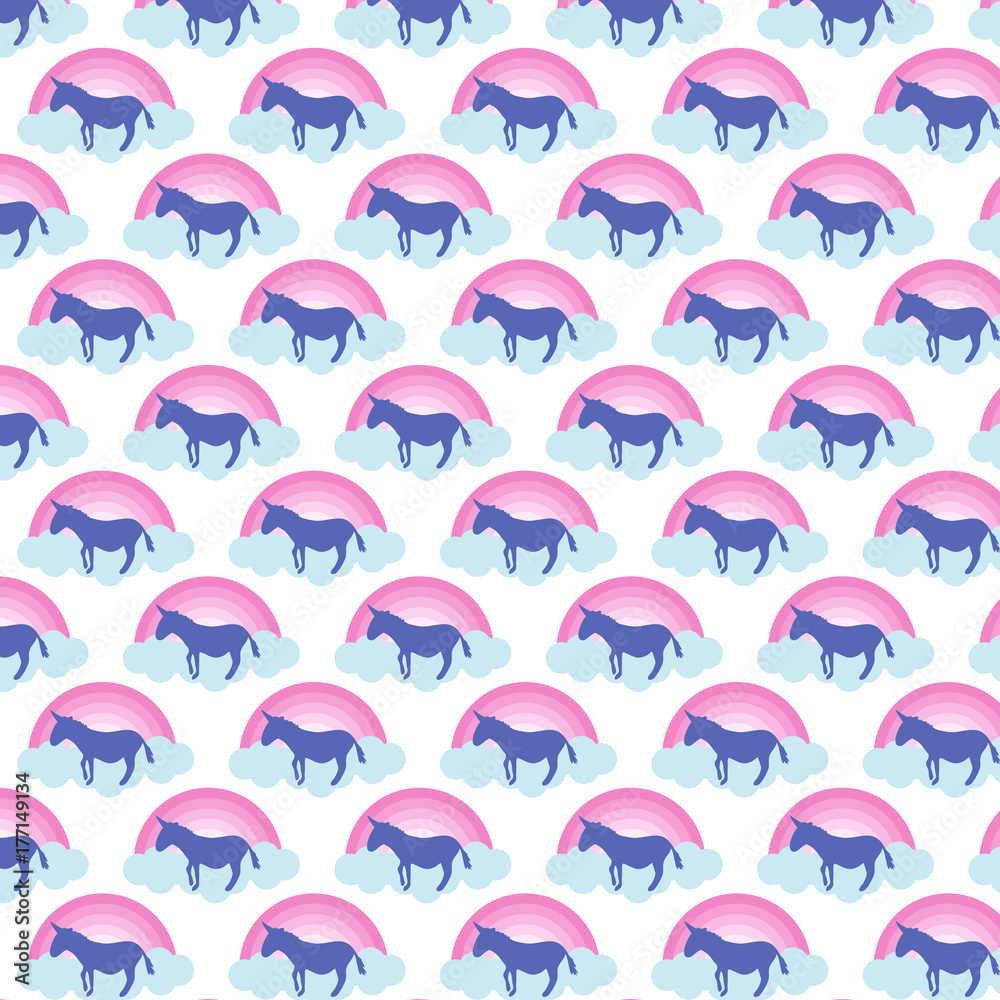 Vector pattern with cute unicorns, clouds, rainbow. Magic background with little unicorns which can be used for design fabric, backgrounds, wrapping paper. Vector pattern with cute unicorns, clouds, rainbow. Magic background with little unicorns which can be used for design fabric, backgrounds, wrapping paper.