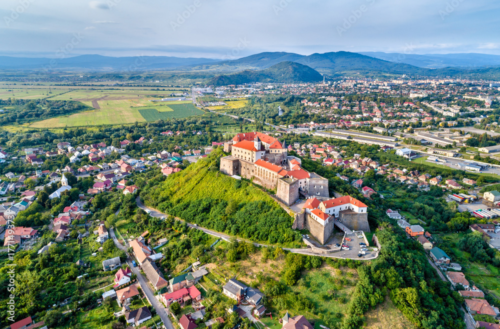 Aerial view of Mukachevo with the Palanok Castle in Ukraine