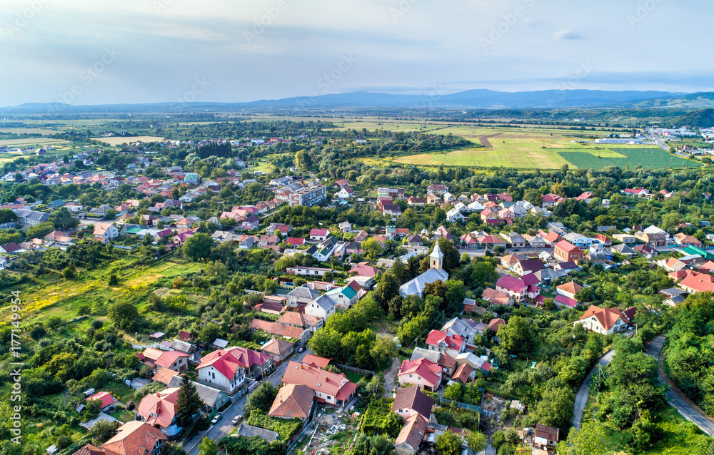 Aerial view of Mukachevo town in Transcarpathia, Ukraine
