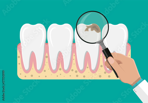 Dentist with magnifying glass examines teeth.