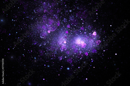 Bright galaxy. Abstract shining hearts and sparks on black background. Fantastic fractal texture in purple and blue colors. Digital art. 3D rendering. © Klavdiya Krinichnaya