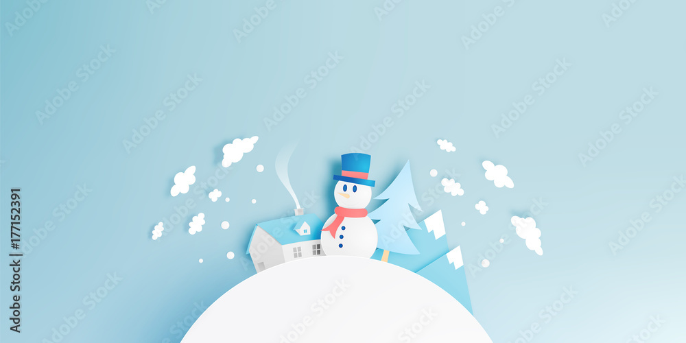 Fototapeta Snowman and Winter landscape with paper art style and pastel colour scheme