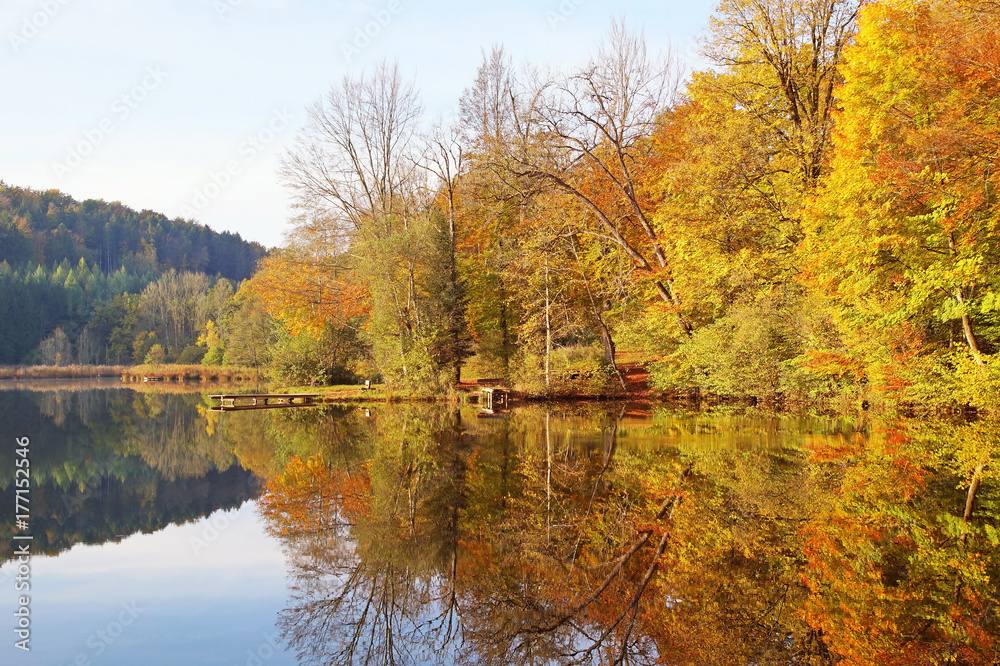 Laubbäume spiegeln sich in einem See Laubbäume spiegeln sich in einem See