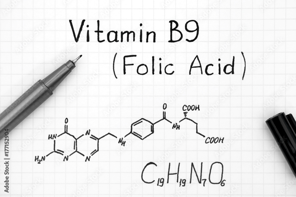 Chemical formula of Vitamin B9 (Folic Acid) with black pen Chemical formula of Vitamin B9 (Folic Acid) with black pen