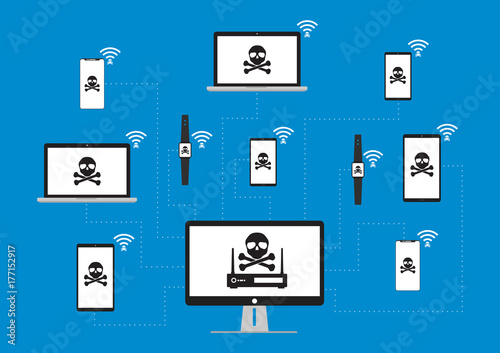 Hacker use KRACK method for steal important data from victim device with wifi hack on WPA2 key security. Vector illustration KRACK in wifi cyber security infographic concept.