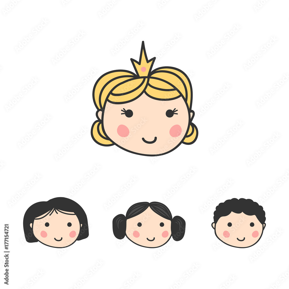 Set, collection of cute colorful doodle avatar icons isolated on white background. Set, collection of cute colorful doodle avatar icons isolated on white background.