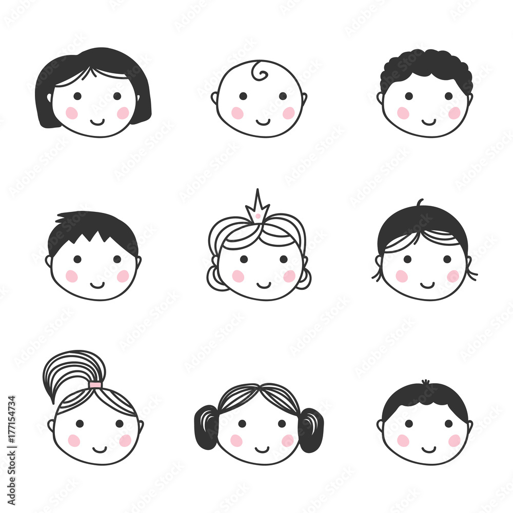 Set, collection of cute colorful doodle avatar icons isolated on white background.
Set, collection of cute colorful doodle avatar icons isolated on white background.