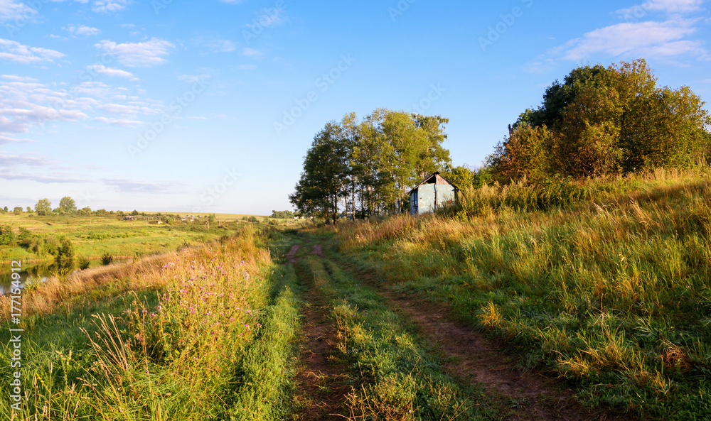 Naklejka premium Sunny summer landscape with ground countryside road