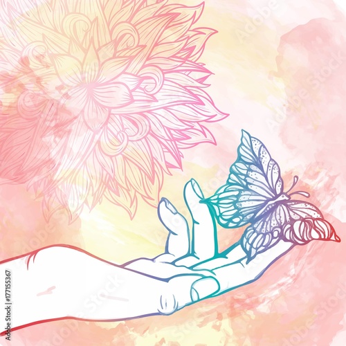 Butterfly on the hand with floral background