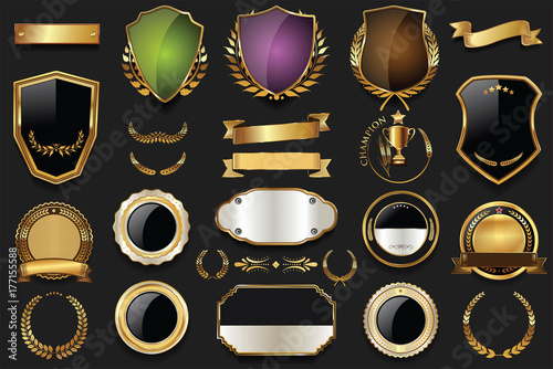Golden shield laurel wreath and badge retro design collection