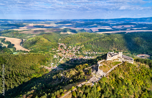 Aerial view of Cachticky hrad, a ruined castle in Slovakia photo