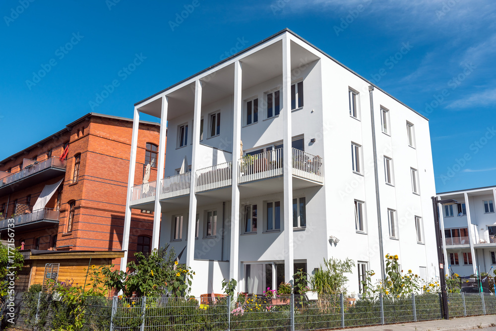 Modern white apartment house seen in Berlin, Germany