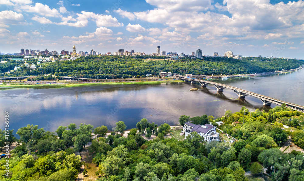Aerial view of the Metro Bridge across the Dnieper river in Kiev, Ukraine