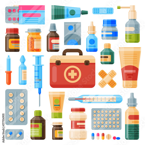 Medical instruments first-aid set outfit medicine chest and doctor tools flat medicament medication hospital health treatment vector illustration.
