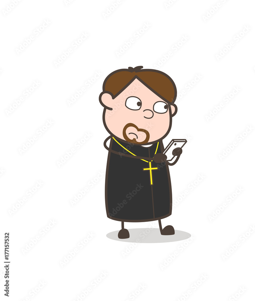 Comic Priest Reading Messages in Mobile Vector Comic Priest Reading Messages in Mobile Vector