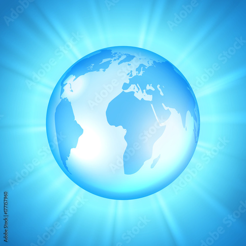 Earth on the sunburst background in light blue colors, vector illustration © vectortatu