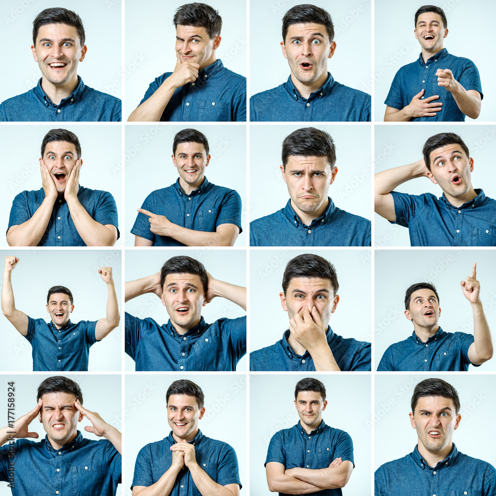 Set of young man's portraits with different emotions and gestures Set of young man's portraits with different emotions and gestures