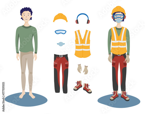 Un lavoratore indossa dispositivi di protezione individuale per la salute e la sicurezza sul lavoro. photo
