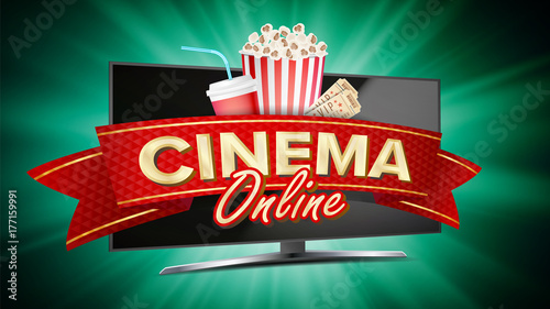 Online Cinema Banner Vector. Realistic Computer Monitor. Movie Brochure Design. Template Banner For Movie Premiere, Show. Marketing Luxury Poster Illustration.