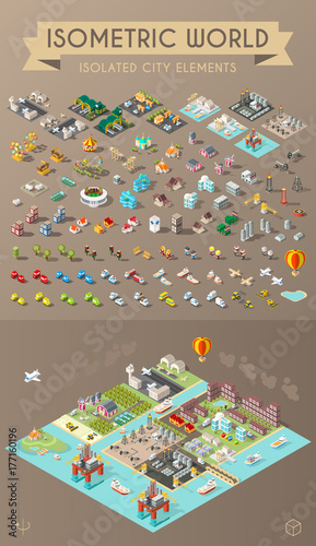 Set of Isometric High Quality City Element on Brown Background . City