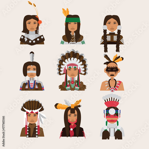 Set with american indian man portraits. Various clothing style - apache, navajo, cheerokee, iroquois.