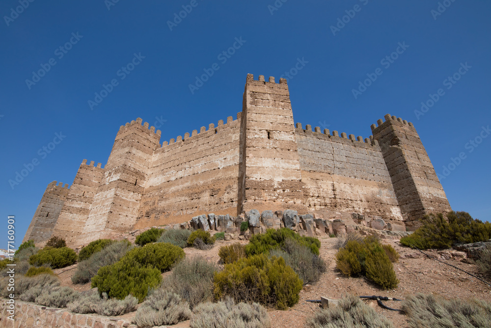 rampart of landmark ancient arab Castle of Burgalimar, from X century, public monument in village Banos de la Encina, Jaen, Andalusia, Spain Europe
