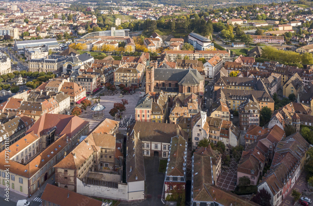 An aerial view of Belfort with the cathedral of Saint-Christophe