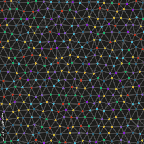 Modern abstract vector backdrop with irregular wireframe network. Colorful background with connected dots. Illustration in naive style for kids. Element of design for children's book.