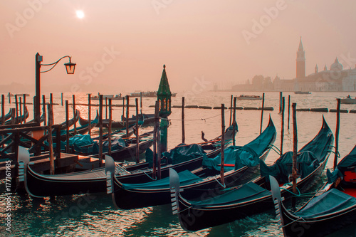 Gondolas moored by Saint Mark square with San Giorgio di Maggiore church on background © Ulia Koltyrina