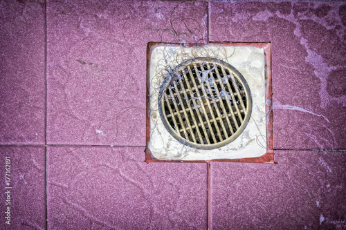 Photography Disgusting Filthy Plastic Floor Drain Covered in Slime and Gunk