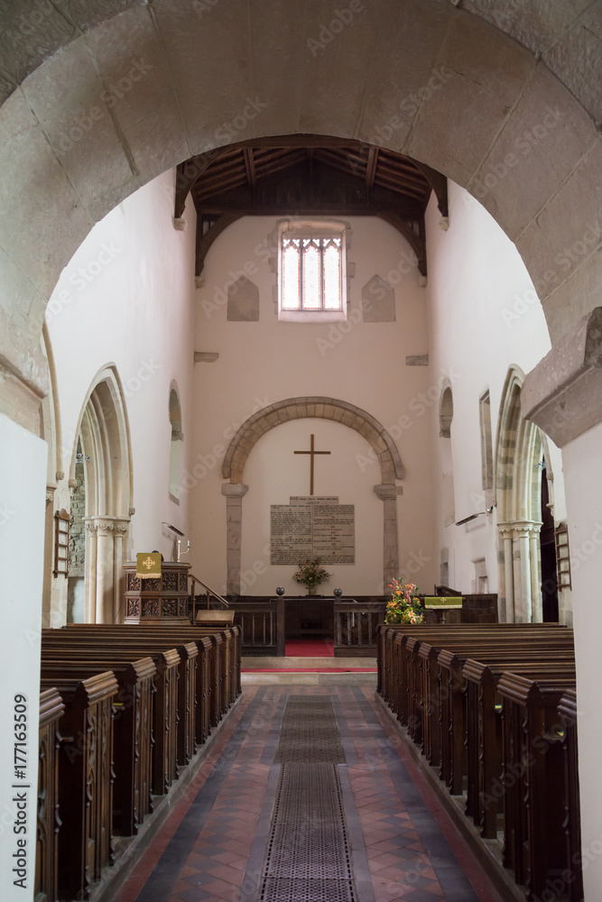 Interior of St Mary's Priory church, Deerhurst, with ancient Saxon features