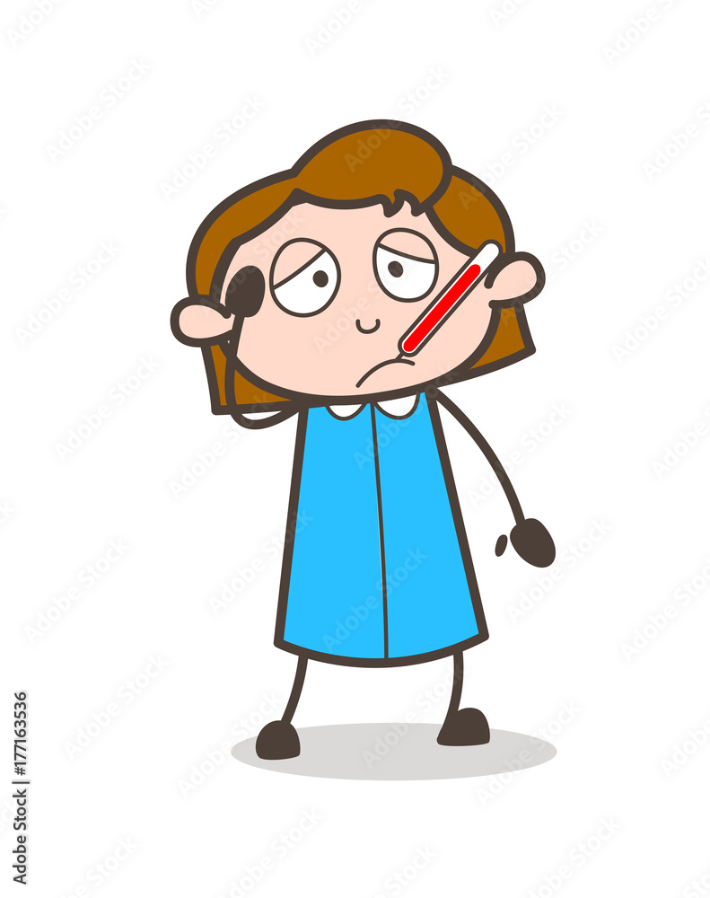 Comic Ill Woman with Fever-Thermometer Vector