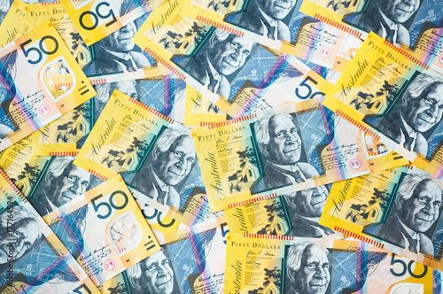 Overhead view of Australian 50 dollar bills