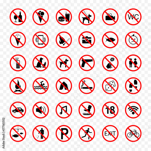 prohibition icons set, forbidden signs 