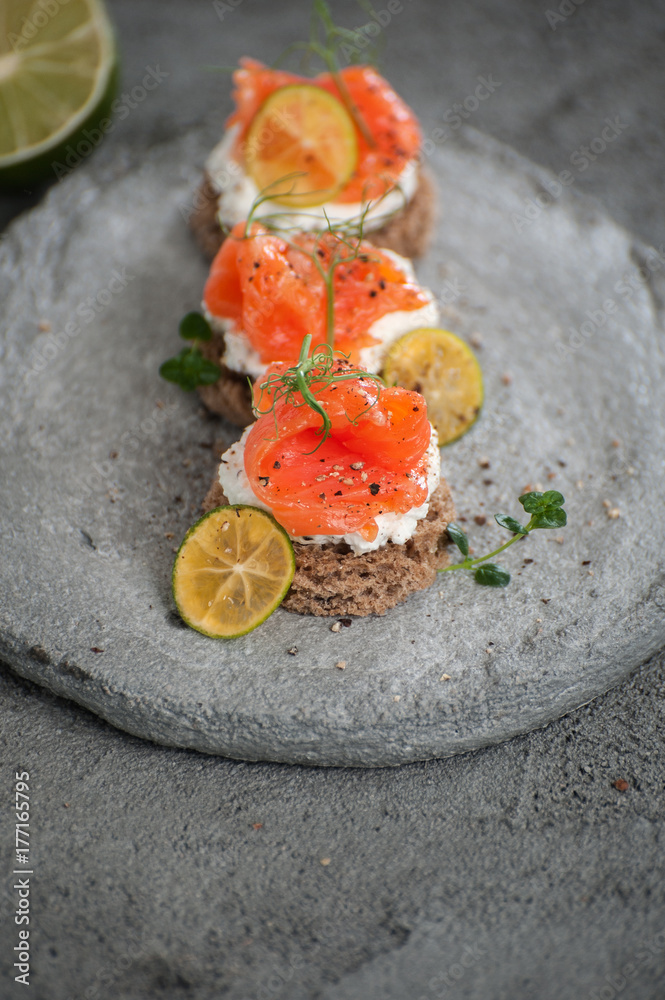 Miniature toasts with lightly salted salmon and cottage cheese cream on a concrete plate..