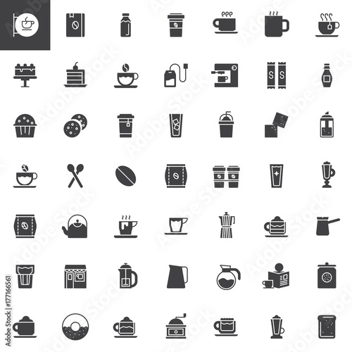Coffee vector icons set, modern solid symbol collection, filled pictogram pack. Signs, logo illustration. Set includes icons as coffee house, tea cup, coffee machine, dessert, cappuccino, latte, mocha
