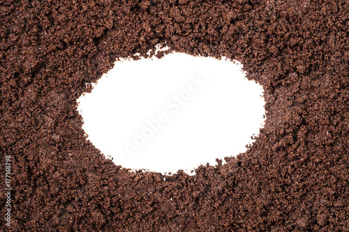Coffee ground with white background in the middle for text, photo or video