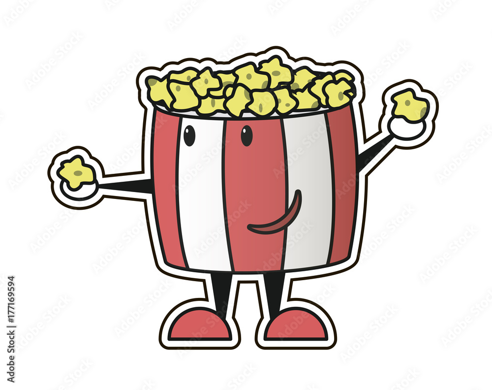 friendly bucket with popcorn gives grain,good cartoon character, snack to  watch the movie,color sticker, vector image, flat design,outline style  Stock Vector | Adobe Stock