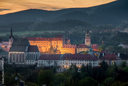 Aerial Sunset city view with light up in Cesky krumlov