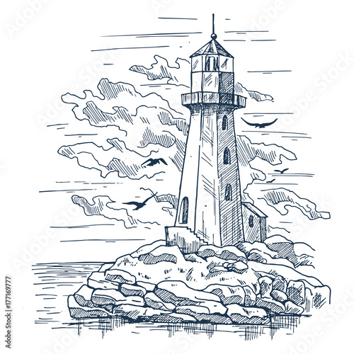 Lighthouse sketch on island made of rocks