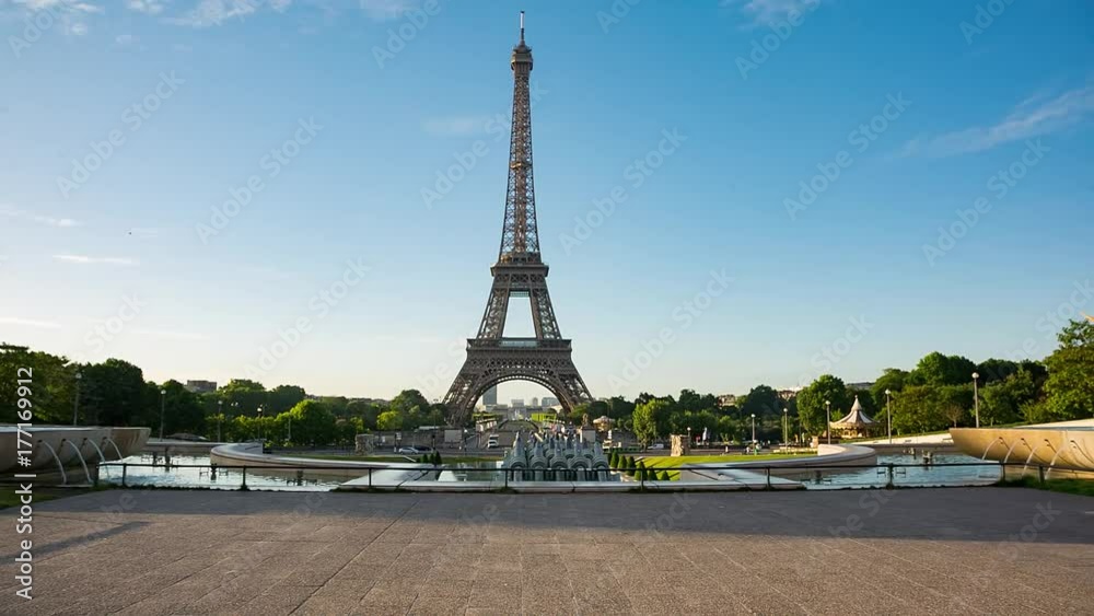 Eiffel Tower video from Trocadero Place on sunrise with fountains on foreground. Left to right panning Eiffel Tower video from Trocadero Place on sunrise with fountains on foreground. Left to right panning