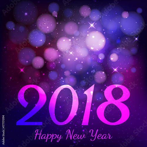 Happy new year 2018 with bokeh on dark purple color background. Vector illustration