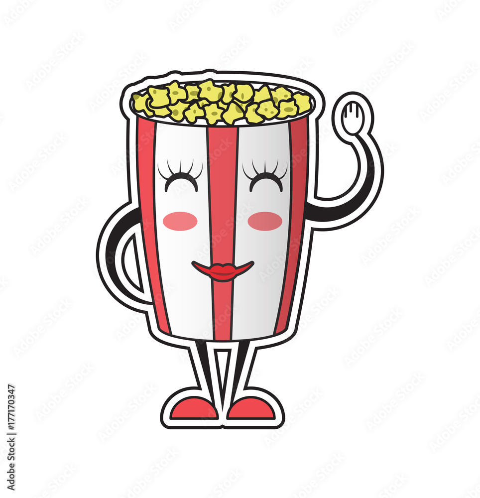 bucket with popcorn, cartoon character girl, vector image, flat design, colorful sticker bucket with popcorn, cartoon character girl, vector image, flat design, colorful sticker