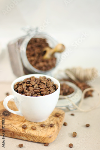 Coffee cup and beans brewing