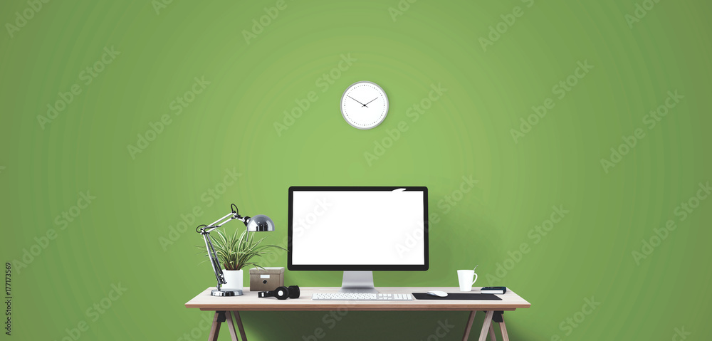 Computer display and office tools on desk. Desktop computer screen ...