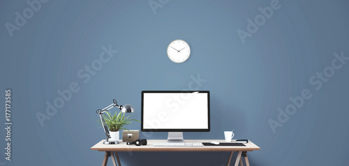 Computer display and office tools on desk. Desktop computer screen isolated. Modern creative workspace background. Front view.