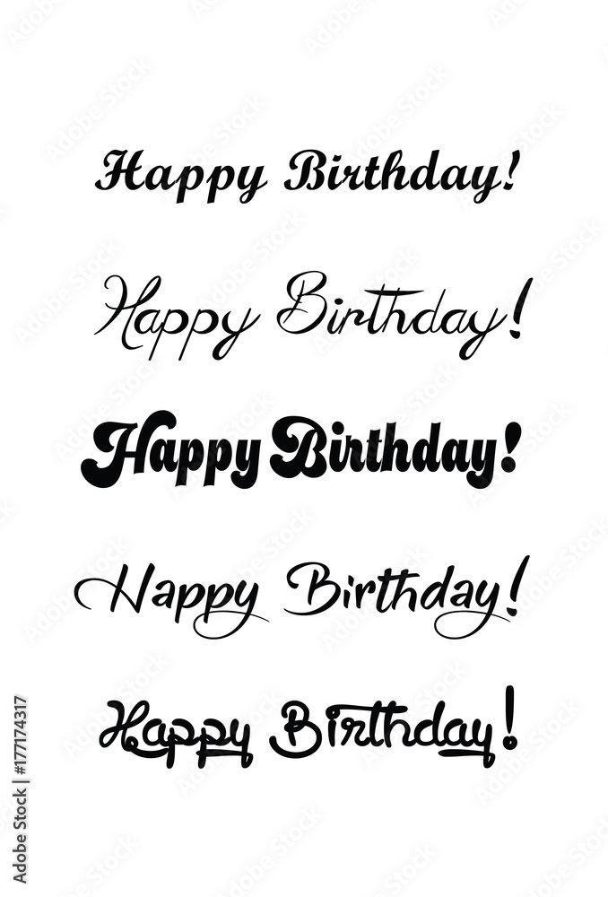 Happy birthday vintage hand lettering, brush ink calligraphy, vector type design, isolated on white background. Hand drawn design. Black and white.