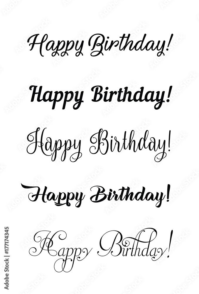 Happy birthday vintage hand lettering, brush ink calligraphy, vector type design, isolated on white background. Hand drawn design. Black and white.
